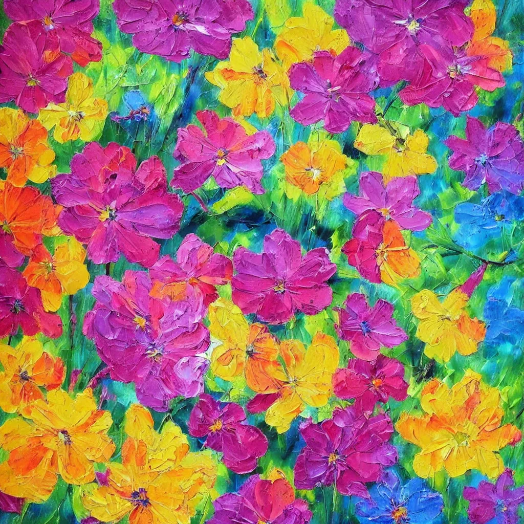 Prompt: large different coloured blossoms painted in 2 inch thick!!! impasto shiny dripping oil paint