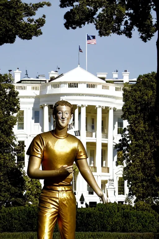 Image similar to A beautiful gold statue of Mark Zuckerberg in front of White House, photo by Steve McCurry, heroic pose, detailed, smooth, smiling, professional photographer