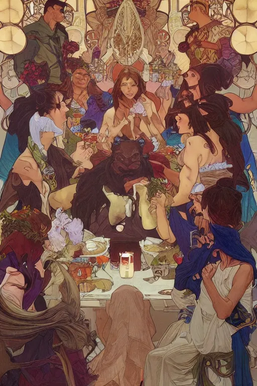 Image similar to the last supper, by artgerm and moebius and alphonse mucha, hyperdetailed, dc comics, explosions in the sky, trending on artstation