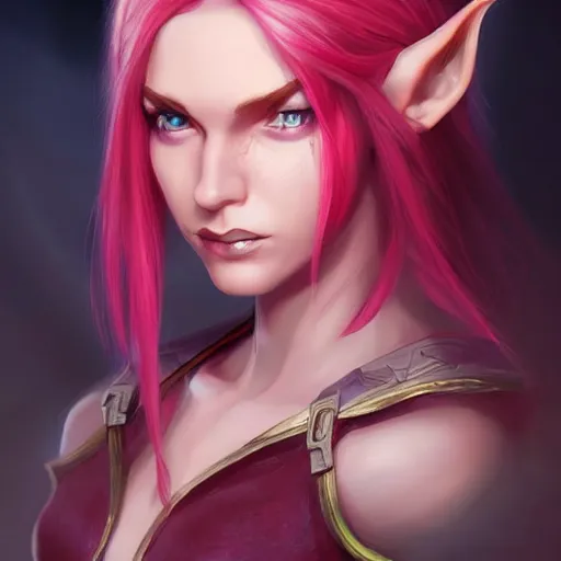 Image similar to half elf woman, dungeons and dragons, beautiful, short pink hair, deep crimson eyes, digital art, smooth, character drawing, focused portrait, artstation, highly detailed, symmetry