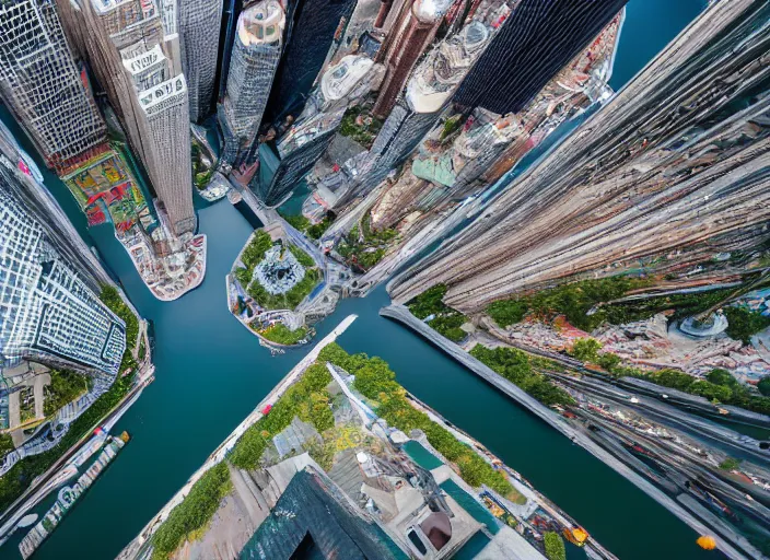 Prompt: a giant lake in the middle of times square, birds eye photograph, 8 k resolution, sharp focus, wide angle, hyper - detailed, 8 5 mm photograph