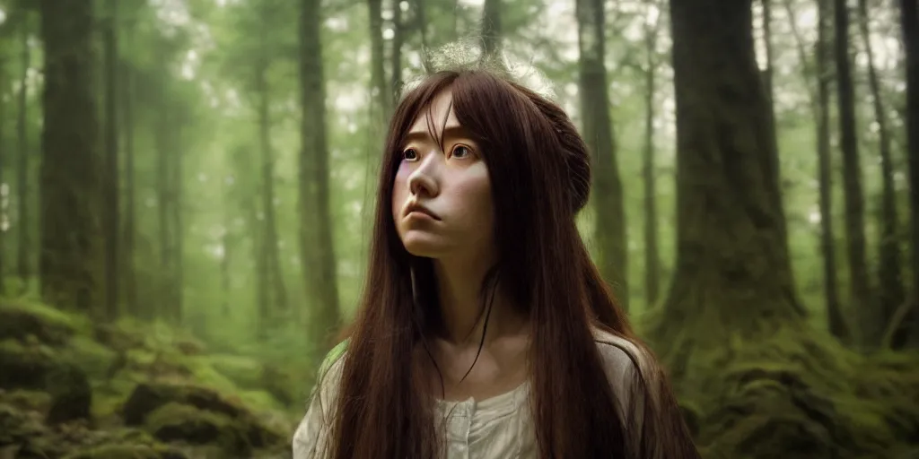 Prompt: portrait bust of woman, forest background, long brown hair, deep depth of field, cloth, princess mononoke, 4 k, greg rutkowski, high detail, dramatic lighting, sunset, hayao miyazaki, masashi ando, nizou yamamoto, kazuo oga, joe hisaishi, yoji takeshige, naoya tanaka