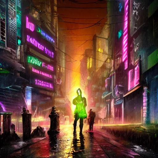 Image similar to frankenstein's monster wearing a trench coat on a wet nighttime street, cyberpunk, synthwave, trending on art station, trending on deviantart, 8 k resolution, epic digital art