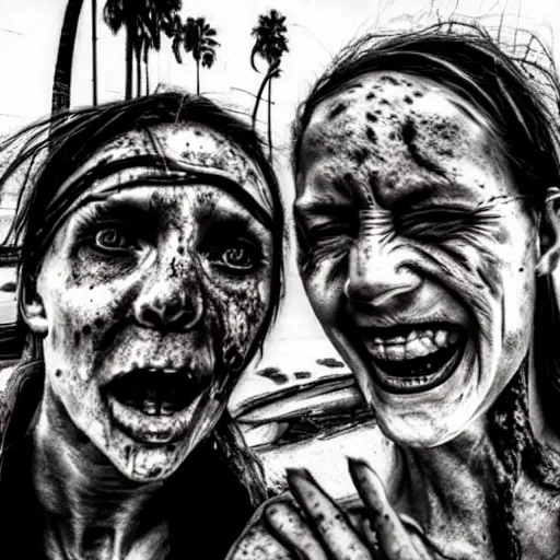 Prompt: humans last selfie, post apocalyptic, award winning, horror