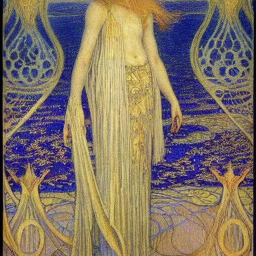 Image similar to a beautiful young medieval queen by jean delville, art nouveau, symbolist, visionary, gothic, celestial, whimsical, magical, airy