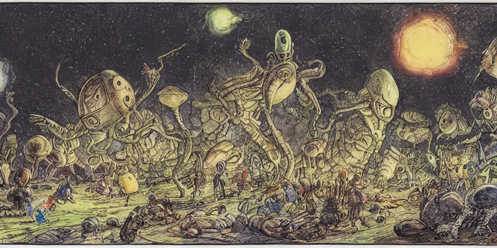 Prompt: alien invasion, illustrated by peggy fortnum and beatrix potter and sir john tenniel