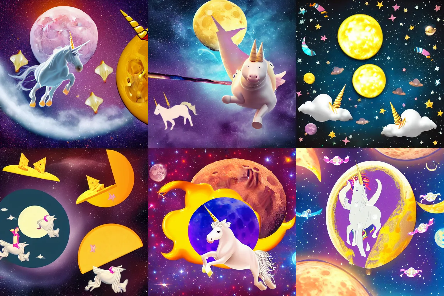 Prompt: cheese moon with flying unicorns in space, realistic photograph
