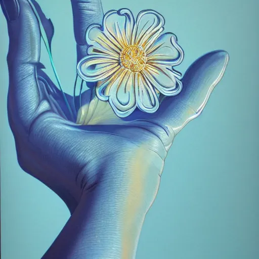 Image similar to close - up of a woman's hand holding a transparent flower, blue sky art by peter lloyd, 1 9 8 0's art, airbrush style, art by hajime sorayama,, intricate, elegant, sharp focus, illustration, highly detailed, h 8 0 0