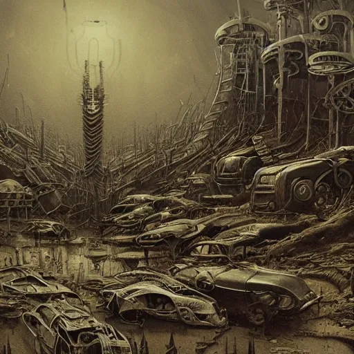 Image similar to a junkyard for cyborgsl, horror art by beksinski and szukalski and giger and and pyromallis and dzo and iris compiet and seb mckinnon and, technical drawing, blueprint, highly detailed, intricate, sharp focus, trending on artstation hq, deviantart, unreal engine 5, 4 k uhd image