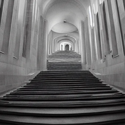 Image similar to black and white surreal photograph, highly detailed vast space made of stairsteps, sideview, detailed textures, natural light, mist, architecture photography, film grain, soft vignette, sigma 1 4 mm f / 1. 4 1 / 1 0 sec shutter, imax 7 0 mm footage