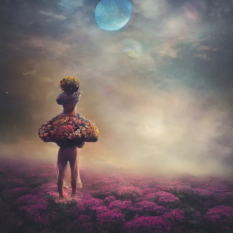 Image similar to a planet of various flowers, fungus and plants, in which the singular human figure is dressed in something magical and impressive, inside the picture is infinity, sunset light, Atmospheric phenomenon, artistic photography, muted colors, conceptual, long exposure outside the city, volumetric light