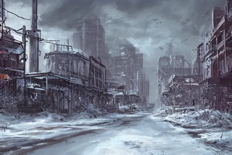 Prompt: Landscape of the nuclear wasteland of new orleans covered in snow, down-town, city, concept art by Ray Lederer, fallout concept art, wallpaper, trending on art station