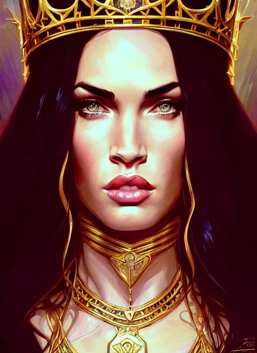 Image similar to portrait of megan fox as a queen, throne, jewelry, greek, black, intricate, headshot, highly detailed, digital painting, artstation, concept art, sharp focus, cinematic lighting, illustration, art by artgerm and greg rutkowski, alphonse mucha, cgsociety