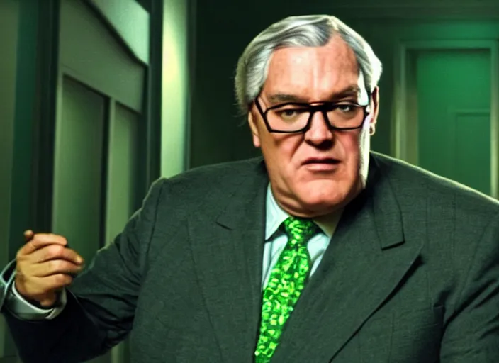 Prompt: film still of hermes conrad black man with frizzy hair and square glasses wearing a green suit in the new scifi movie, 4 k