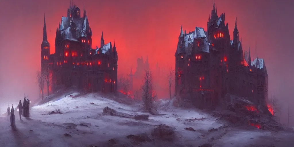 Image similar to A hyper realistic oil painting of a gothic castle made out of crimson stone, surrounded by snow, surrounded by fog, moody cinematic lighting, red moonlight above the castle, hyper detailed, by greg rutkowski, trending on artstation