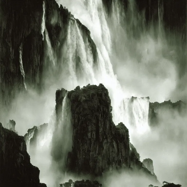 Image similar to dark and moody photo by ansel adams and peder balke, a giant tall huge woman in an extremely long dress made out of waterfalls, standing inside a green mossy irish rocky scenic landscape, huge waterfall, volumetric lighting, backlit, atmospheric, fog, extremely windy, soft focus