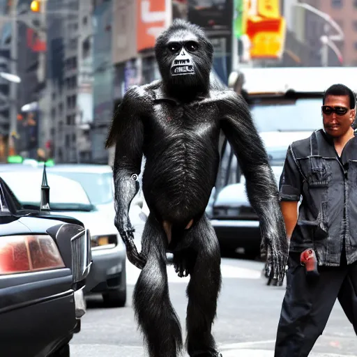 Prompt: terminator ape walking down new york streets