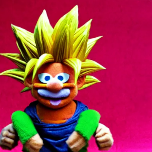 Image similar to super saiyan goku muppet, jim henson