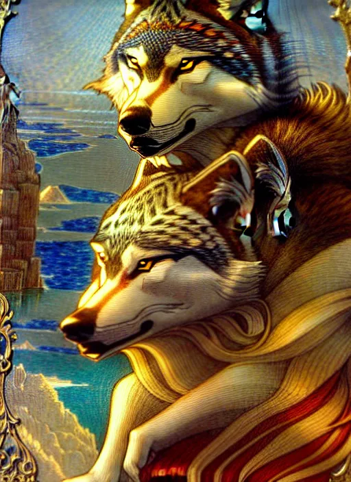 Image similar to artstation, intricate details, hyper details, by gaston bussiere and sandro botticelli, cute anthropomorphic wolf husband, furry