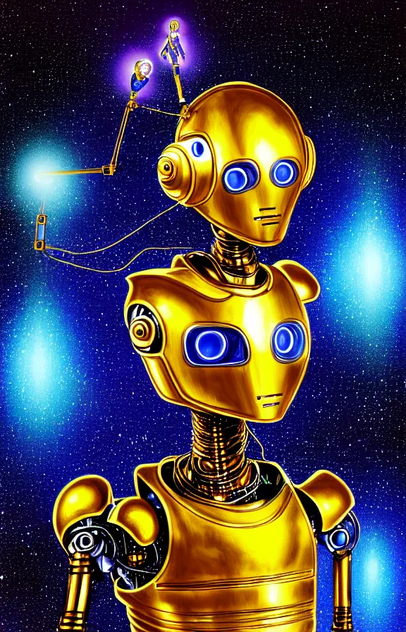 Image similar to portrait of a robot humanoid alien with golden armature and medieval helmet. Galactic iridescent background in the style of Tim white and moebius