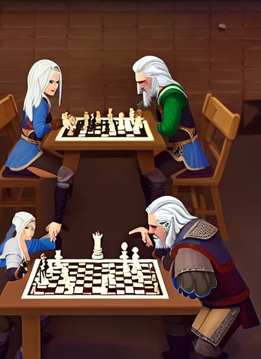 Prompt: geralt de rivia and ciri playing chess in a cafeteria, pixel art by Gerardo Quiroz, devian art, 4k, award winning