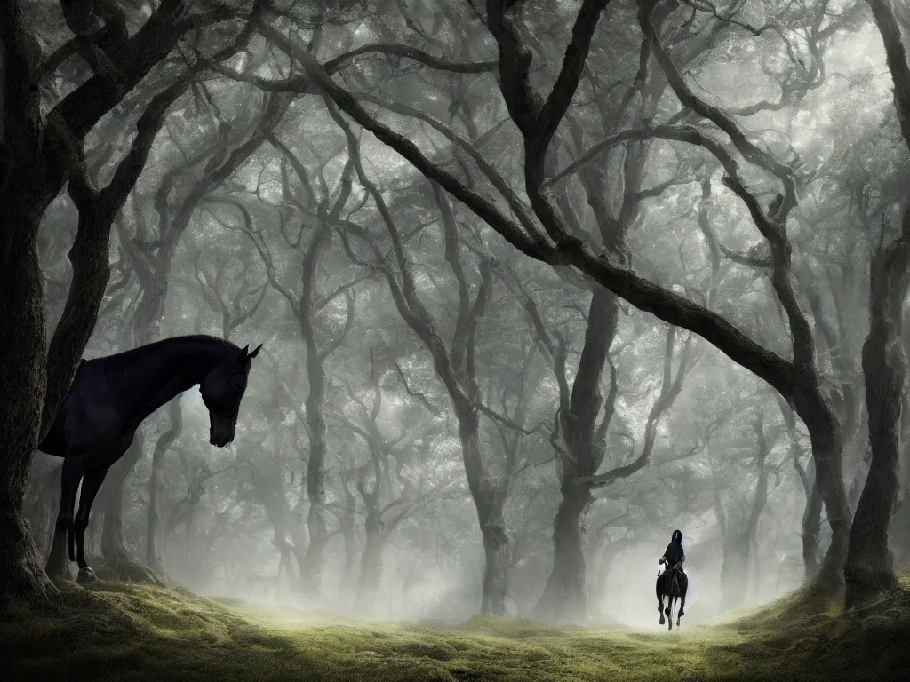 Image similar to a woman riding a black horse through a oak and beech forrest, similar to arwen on asfaloth rays of light, cinematic, fantasy art, moody morning light, trending on artstation, by peter jackson