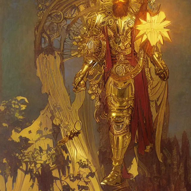 Image similar to an aesthetic! a detailed portrait of a man in a long beard, in golden armor, with a crown, holding a lantern with stacks of gold in the background, by frank frazetta and alphonse mucha, oil on canvas, art nouveau dungeons and dragons fantasy art, hd, god rays, ray tracing, crisp contour lines, huhd