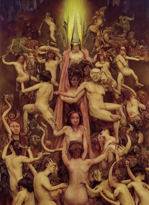 Prompt: hyper realistic painting of the feast, bachanal, cult, gathering, extreme expressions, in the style of wayne barlowe, gustav moreau, goward, gaston bussiere and roberto ferri, santiago caruso, and austin osman spare, bouguereau, mucha, saturno butto, sorayama. occult art, alchemical diagram