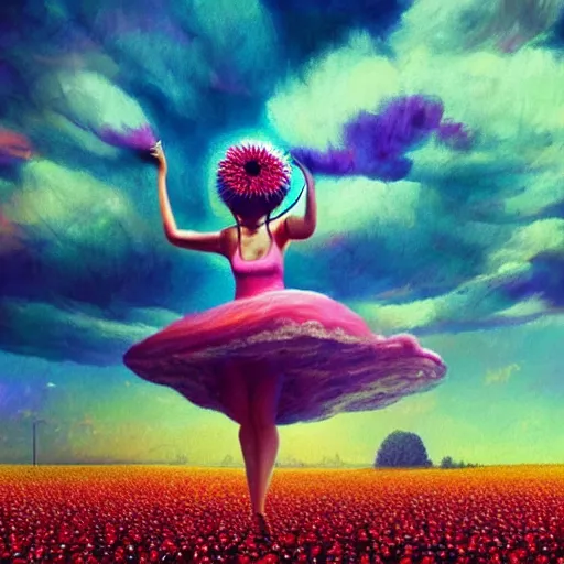 Image similar to giant daisy flower as head, girl dancing in a flower field, surreal photography, sunrise, dramatic light, impressionist painting, colorful clouds, digital painting, artstation, simon stalenhag