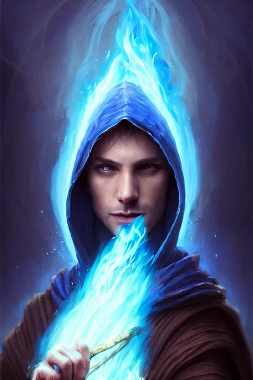 Prompt: Front portrait of a hooded mage hold a blue fire, full body, fine art, awesome fantasy book cover on Pinterest, award winning, dark fantasy landscape, fantasy magic, intricate, elegant, sharp focus, cinematic lighting, highly detailed, digital painting, concept art, art by WLOP and Artgerm and Greg Rutkowski, masterpiece, trending on artstation, 8K
