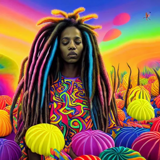 Image similar to a wide angle shot of a black girl with colorful dreadlocks in a field of candy, by Adi granov and afarin sajedi and amanda sage and evgeni gordiets and Agostino Arrivabene and adonna khare in a psychedelic portrait style, ultrarealistic matte painting, volumetric lighting, fractal, extremely symmetrical, highly detailed face, orisha, 8k, hd