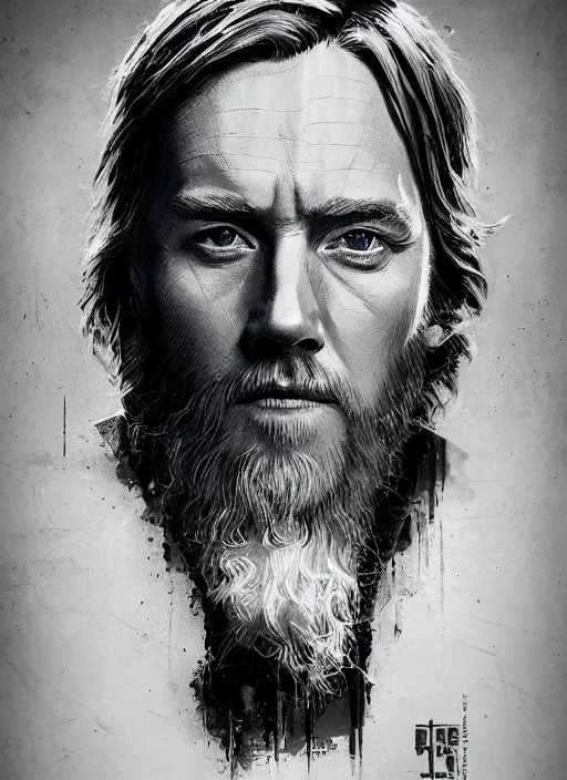 Image similar to a portrait of obi - wan kenobi as a jesus, cyberpunk, grim - lighting, high - contrast, intricate, elegant, highly detailed, digital painting, artstation, concept art, smooth, sharp focus, illustration
