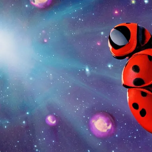 Prompt: film still, future ladybug ( ( descendants ) ), ladybug quadruped with big rgb eyes, huge ladybug mothership, epic cosmos, dramatic lighting, ( e. t. the extra - terrestrial ) imax, 7 0 mm.