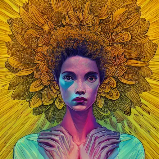 Prompt: closeup, huge daisy flower head, woman in modern apartment, surreal, dramatic light, by victo ngai by james jean, by rossdraws, frank franzzeta, mcbess