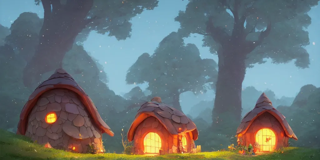 Image similar to small hobbit mushroom houses, red ruff, by cory loftis & akihiko yoshida & james gilleard & atey ghailan & makoto shinkai & goro fujita & studio ghibli, rim light, exquisite lighting, clear focus, magic atmosphere, lights, night, very coherent, plain background, soft painting, photorealistic, unreal engine 5, 4 k