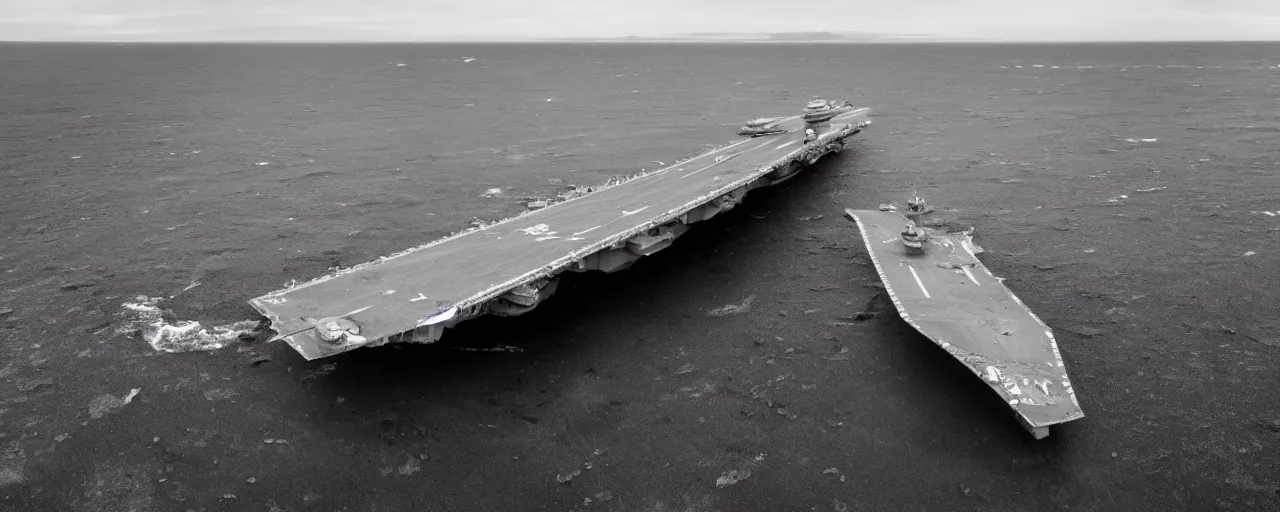 Image similar to low angle cinematic shot of abandoned aircraft carrier submerged in the middle of an endless black sand beach in iceland, rivers
