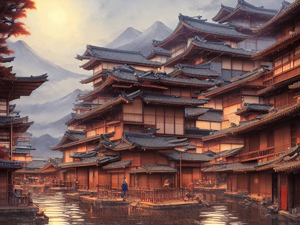 Image similar to old japanese town viewed from harbor, d & d digital painting, intricate details, ultra realistic, beautiful, volumetric lighting, warm colors advance, cell shading, by james jean, greg rutkowski, gerald brom, wlop