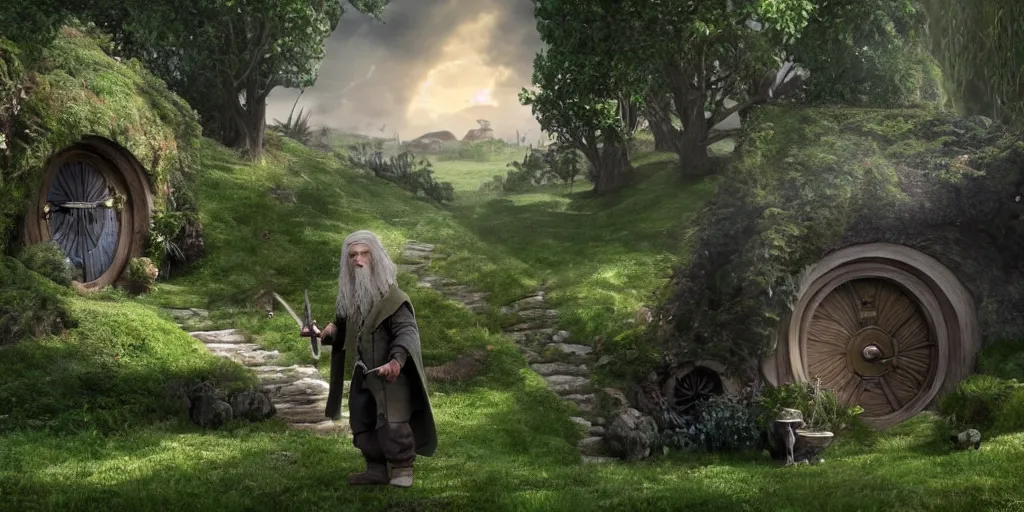 Image similar to a hobbit in his home at the shire with gandalf casting spells fantasy hi quality 4 k render,