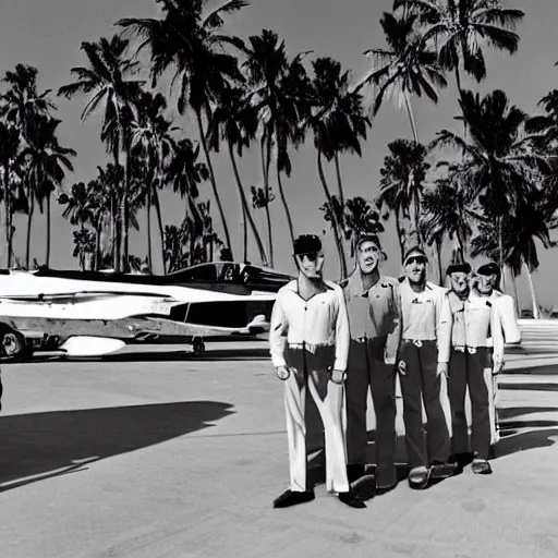 Prompt: 1986 US airforce base, chrome F4 Phantom, US pilots standing around, palm trees