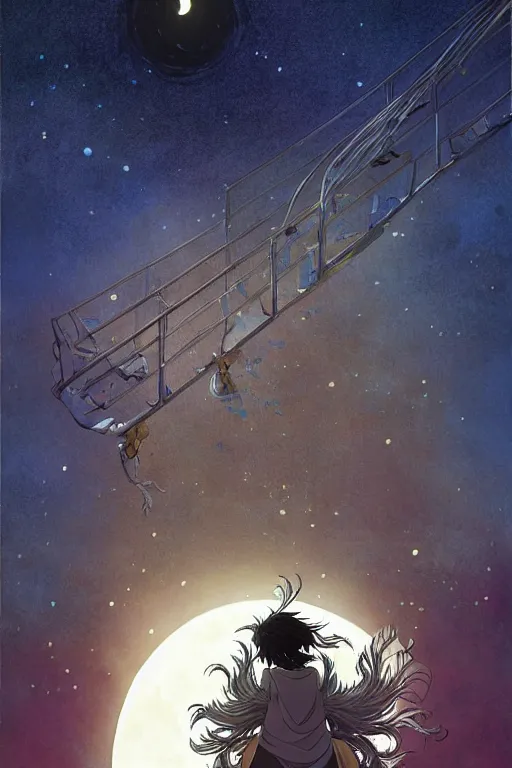 Image similar to a full moon containing the glimmering stairways to otherworldly galaxies, high intricate details, rule of thirds, golden ratio, cinematic light, anime style, graphic novel by fiona staples and dustin nguyen, by beaststars and orange, peter elson, alan bean, studio ghibli, makoto shinkai