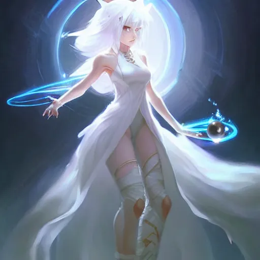 Image similar to a woman in a white dress holding a glowing ball | with nine white fox tails | a detailed painting by ross tran!!!!!!!!!!!!!!! | wlop and stanley artgerm lau | featured on deviantart | fantasy art | anime | 2 d game art | official art