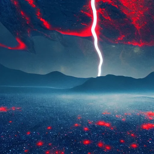 Prompt: a strange alien landscape, realistic, rocky, red and blue, blue particles, strange red particles, strange, alien - - style, realistic, landscape, depth, movie lightning, realistic epic shaders, landscape