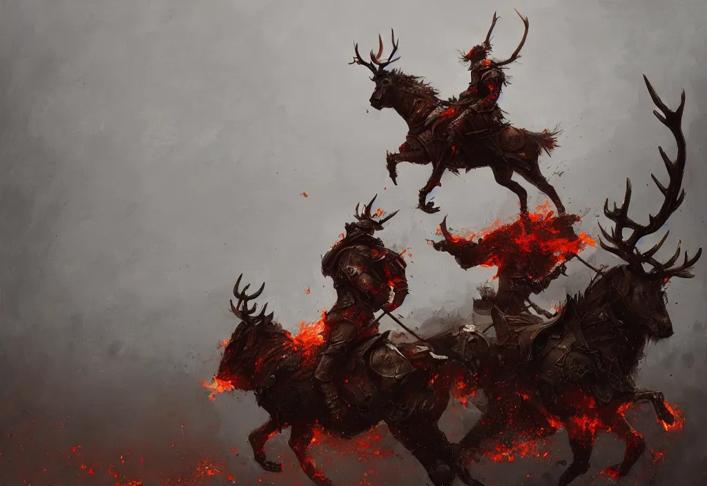 Image similar to a knight riding a burning stag, artstation, jakub rozalski, high detail, dramatic lighting