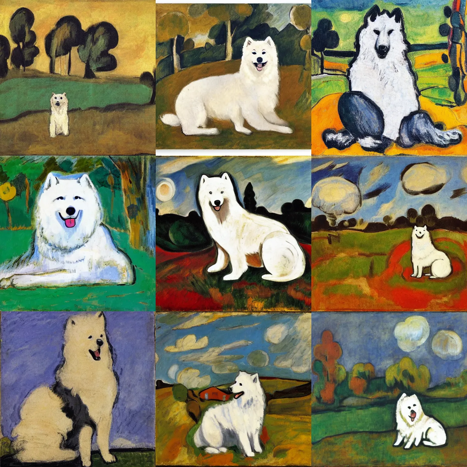 Prompt: a samoyed dog sitting in the middle of sunny meadow, by georges rouault