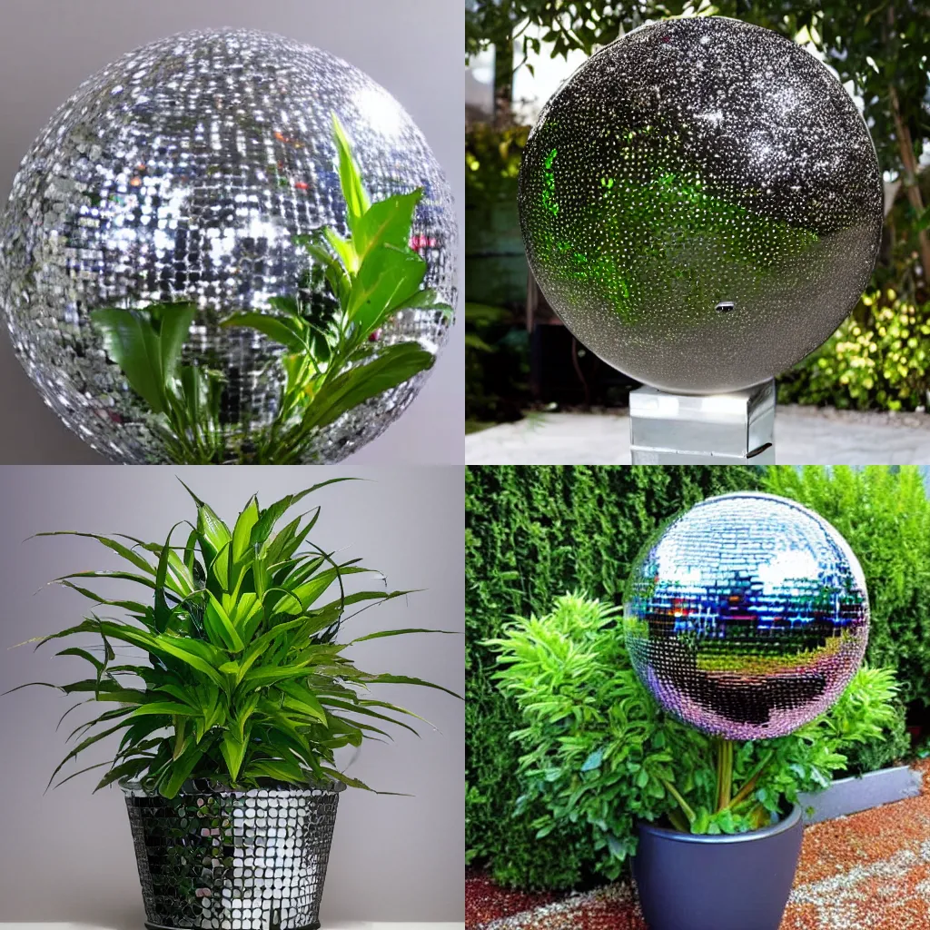 Prompt: a ZZ plant in a pot made out of a mirror ball