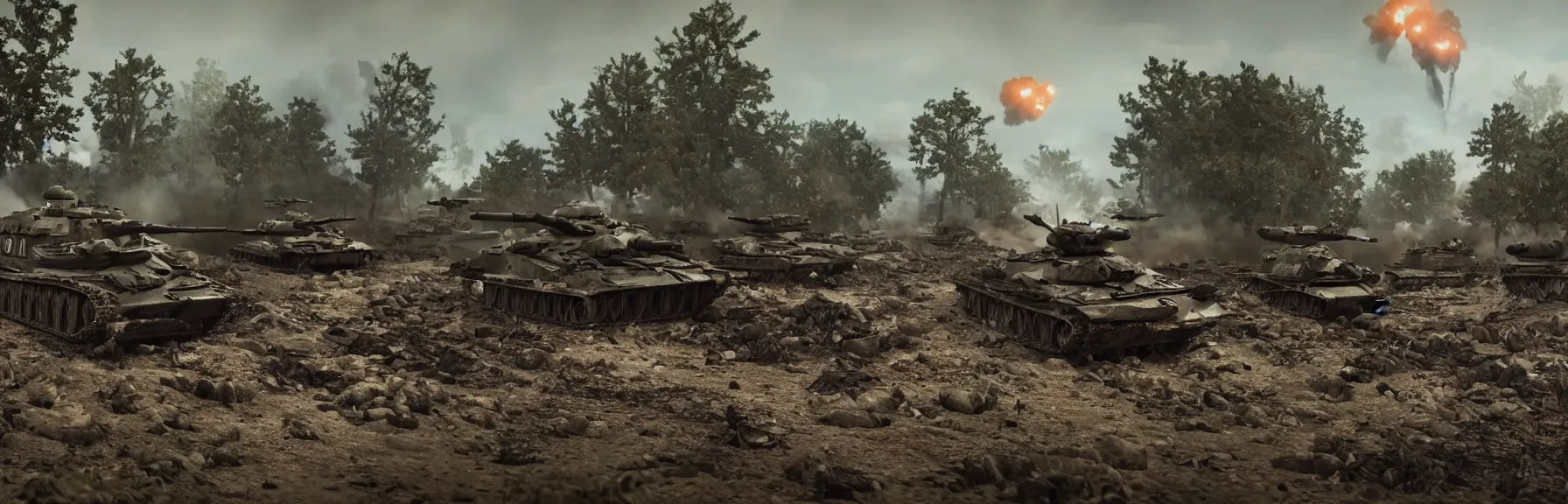 Image similar to a warzone in world war 2, eastern front, building are being bombed by luftwaffe, soldiers on foot, two tiger tanks on the road, scenic view, ultrarealistic, octane render, unreal engine 5