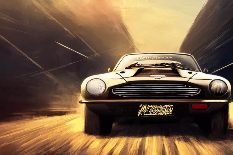 Prompt: digital illustration of mad max's aston martin v 8 vantage pursuit special, by makoto shinkai, ilya kuvshinov, lois van baarle, rossdraws, basquiat