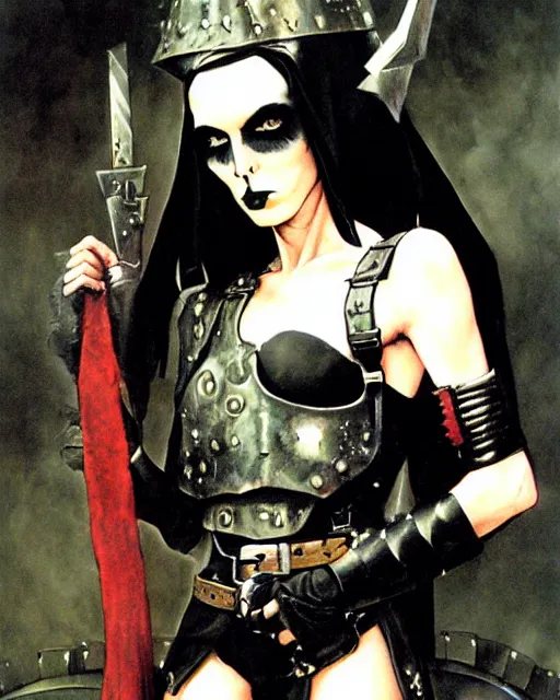 Prompt: portrait of a skinny punk goth soldier wearing armor by simon bisley, john blance, frank frazetta, fantasy, sorceror