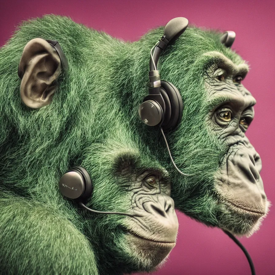 Image similar to a high quality photo of a green chimp wearing headphones, realism, 8k