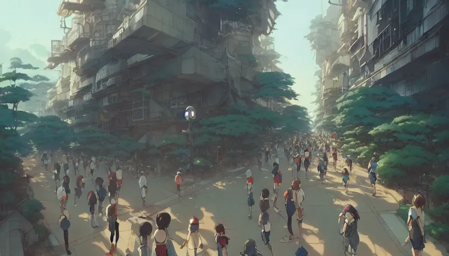 Prompt: people and robots run a marathon, studio ghibli artgerm greg rutkowski makoto shinkai, artstation